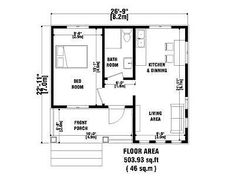 the floor plan for a small house with two bedroom and living room, including an attached bathroom