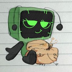 a drawing of a computer monitor with green eyes and an angry expression on its face