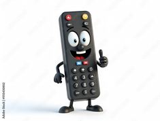 a black remote control with eyes and hands giving the thumbs up while standing in front of a white background