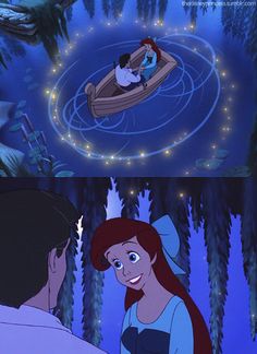 ariel from the little mermaid is talking to her man in a boat on the water