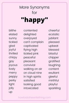 a pink poster with words that say more synonyns for happy