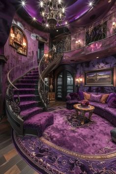 a living room filled with purple couches and a chandelier