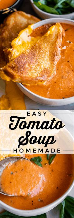 two bowls of tomato soup with spinach leaves on the side and text overlay that reads easy tomato soup homemade