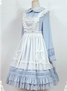 White Apron Dress Lotus Leaf Edge Pastoral Style Lolita Long Sleeve Dress Outfits With Aprons, Light Blue Victorian Dress, Furina Outfits, Otome Isekai, Mascarade Dresses, Apron Diy, Cosplay Maid, Alice Dress, Op Dress