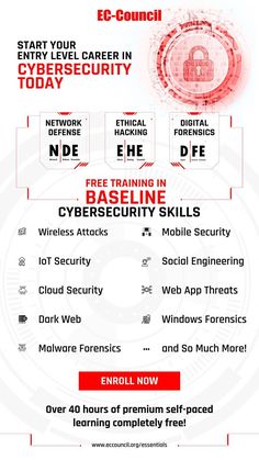 Whether you’re an early-career IT professional or are just contemplating a career in cybersecurity, it’s important to develop strong foundations in ethical hacking, network defense, and digital forensics. Get the fundamental knowledge and skills you need with EC-Council’s Essentials Series, a set of free, self-paced courses. Enroll now! Cybersecurity Infographic, Digital Forensics, Learn Hacking, Computer Science Programming, Basic Computer Programming, Hacking Books, Data Science Learning, Learn Computer Science, Cybersecurity Training