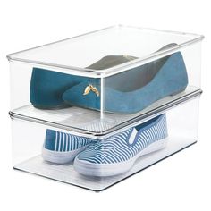 two clear boxes with blue shoes in them and one pair of slippers on the bottom