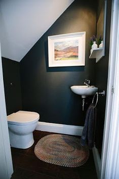 a bathroom with a toilet, sink and rug on the floor in front of it