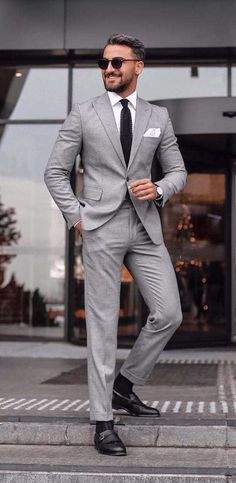 Wedding Suits Men 2024: Top 24 Modern, Black, Blue & Grey Groom Attire Ideas Gray Suits For Men Casual, Gray Suits For Men Wedding Guest, Grey Suit Black Shoes, Light Grey Suit Men, Grey Suit White Shirt, Grey Suit Combinations, Mens Grey Suit, Grey Mens Suit, Formal Suits Men