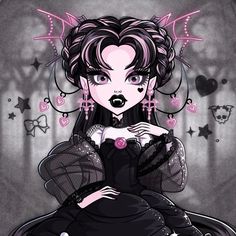 a drawing of a woman in a black dress with pink hair and an evil look on her face