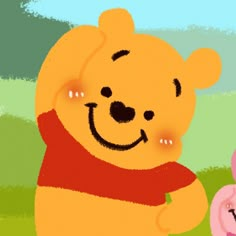 a drawing of a smiling winnie the pooh and pink piggy on green grass