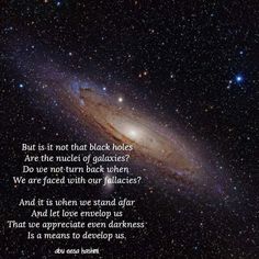 an image of a spiral galaxy with a quote about black holes in the sky above it