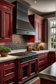 a kitchen with red cabinets and an oven