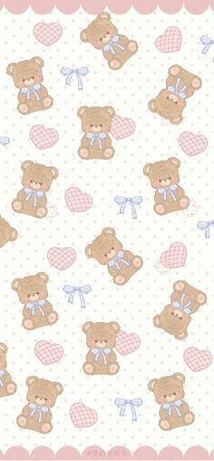 a teddy bear pattern with hearts on a polka dot background in pastel pink and white