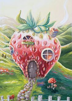 a painting of a strawberry house in the middle of a field