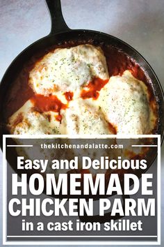 Chicken parmesan in a cast iron skillet with sauce and melted mozzarella on top. Cheesy Garlic Biscuits, Cast Iron Chicken, Easy Marinara Sauce, Pan Fried Chicken, Chicken Parm, Breaded Chicken, Delicious Chicken, Easy Dishes, Easy Weeknight