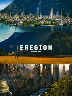 the poster for ergon is displayed in front of a mountain and cityscape