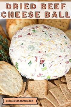 a cheese ball surrounded by crackers and crackers on a plate with text overlay