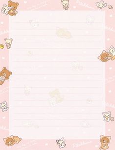 a pink lined paper with teddy bears on it