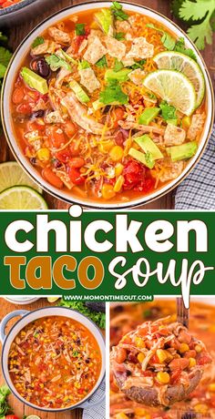 chicken taco soup in a bowl with limes and cilantro on the side