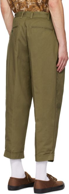 Wide-leg tapered stretch cotton twill trousers. · Belt loops · Five-pocket styling · Zip-fly · Pleats at front · Creased legs · Rolled cuffs · Cropped legs Supplier color: Olive Beams Plus, Twill Trousers, Chino Trousers, Stretch Cotton, Cotton Twill, Beams, Wide Leg, Trousers, Luxury Fashion