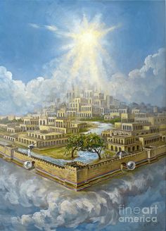 an oil painting of a city in the sky with clouds and sun shining over it