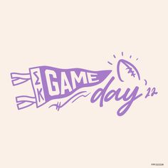 the word game day written in purple ink on a light pink background with an image of a football