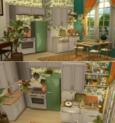 two pictures of the same kitchen in different stages of being decorated with green and yellow wallpaper