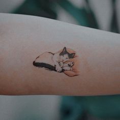 a drawing of a cat laying on top of a woman's arm with her hand