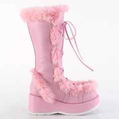 2 3/4" Platform Barbiecore Fur Trim Lace Up Boots. Mid Calf Height. Full Inner Side Zipper Closure. Pink Faux Leather. Styles: Barbie Clubbing Winter Dance Drag Dancing Festival Dragqueen Bbuc-311 Fitted Synthetic Platform Boots For Spring, Synthetic Spring Boots With Low Heel, Spring Knee-high Synthetic Platform Boots, Pink Faux Leather Winter Boots, Winter Pink Faux Leather Boots, Emo Boots, Pink Platform Boots, Demonia Boots, Demonia Shoes