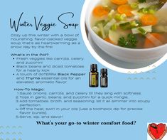 Warm up with this simple, nourishing winter soup that gets a flavorful boost from essential oils!

Ingredients:
 - 1 tbsp olive oil
 - 1 onion, diced
 - 4 large carrots, chopped
 - 2 celery stalks, chopped
 - 2 garlic cloves, minced
 - 2 cans of black beans
 - 1 zucchini, diced
 - 1 can diced tomatoes 
 - 4 cups vegetable broth
 - Salt to taste...

Read whole post on my Instagram.
#doTERRA #pureandnatural #selfcare #empowered #essentialoils #essentiallife #December #winterwellness #holidaycheer