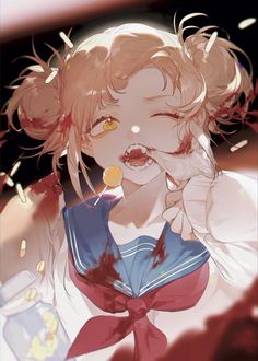 an anime character with her hair blowing in the wind and wearing a red bow around her neck