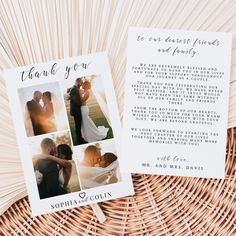 two wedding thank cards sitting on top of a wicker basket next to each other