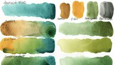 the different shades of green and yellow in watercolor on white paper with black ink