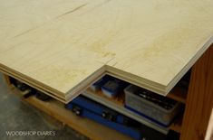 the plywood is ready to be cut and put into place in the workbench