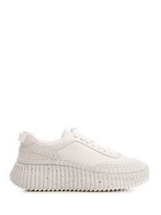 Monochromatic "Nama" sneakers in white leather from Chloé, with ribbed flatform sole, laces, suede inserts. Standard fit. White High-top Platform Sneakers With Stitched Sole, Chloe Lace Sneakers, Leather Lace-up Platform Sneakers With White Sole, White Sole Platform Sneakers With Logo Lace-up, White Lace-up Platform Sneakers With Embossed Logo, Sneaker For Women, Versace Designer, Best Wallet, Wallet Bag