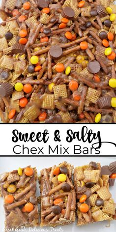 A double collage photo of sweet & salty chex mix bars. Chex Mix Sweet And Salty, No Bake Chex Mix Recipes, Sweet And Salty Chex Mix Recipes, Chex Mix Bar, Chex Mix Bars, Chex Mix Recipes Sweet And Salty, Sweet Chex Mix Recipes, Chex Treats, Cereal Mixes