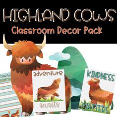 the highland cow classroom decor pack includes posters, cards and magnets to help students practice their language skills