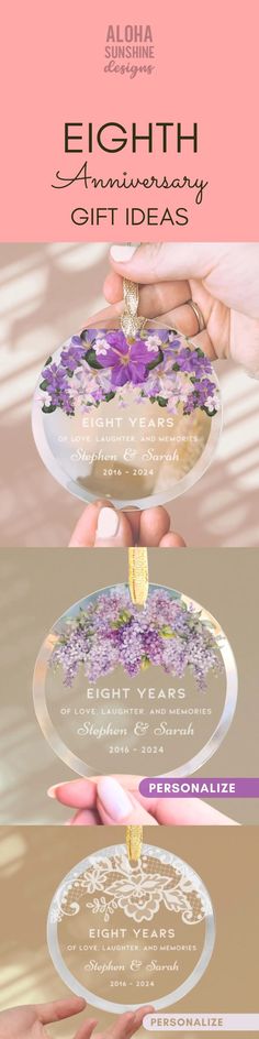 a woman's hand holding a glass plate with flowers on it and the words eightth anniversary gift ideas