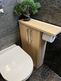 a white toilet sitting in a bathroom next to a wooden cabinet with a potted plant on top