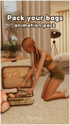 a woman kneeling on the floor with an open suitcase in front of her and text reading pack your bags animation pack