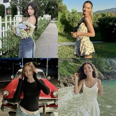 four pictures of women in different outfits and one has a red car with flowers on it