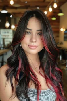 28 Red Highlights On Black Hair Hairstyles That'll Have Everyone Asking 'Who's Your Colorist?' Black And Red Ombré Hair, Black Hair With Red Tips Dip Dyed, Butterfly Haircut With Red Highlights, Highlights On Short Black Hair, Wine Red Highlights On Black Hair, Red Highlights On Black Hair, Hear Color, Black Hair Hairstyles, Black Hair With Red Highlights