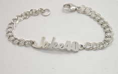 Sturdy sterling silver bracelet is a great personalized gift for men. Order your own message for this custom made bracelet, it will be made in a comfortably curved central piece with hefty chain and large lobster clasp. Depends on what you would like it to say, sterling silver center will be 1.5-1.8 in wide and 2.4mm thick - they are cast, not cut out of the metal sheet, which gives them extra sturdiness. If you would like to use handwriting, just send me a picture of it attached to the Etsy mes Handwriting Bracelet, Customised Bracelets, Handwriting Jewelry, Personalized Gifts For Men, Christmas Gifts For Him, Personalised Gifts For Him, Metal Sheet, Personalized Christmas Gifts, Chain Link Bracelet