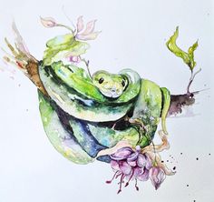 a watercolor painting of a green frog on a branch with pink flowers and leaves