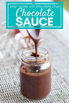 chocolate sauce in a glass jar with a spoon sticking out of it and text overlay reading easy homemade gluten free chocolate sauce