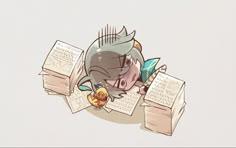 a cartoon character laying on top of some books