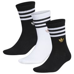 The adidas OG 3 Stripe Gilver 3 Pack Crew Socks is your authentic athletic style pair. Made with polyester-cotton blend fabric, these socks feature a cushioned foot for added comfort and arch compression. The knit-in branding and iconic 3-Stripes add the sports-style edge to these socks. 56% polyester/40% cotton/2% spandex/2% natural latex rubber. Imported. *Machine wash in cold with like colors. Non-chlorine bleach. Tumble dry low. adidas Originals 3 Stripe Gilver 3 Pack Crew Socks - Men's - Bl Adidas Og, Sports Style, Athletic Style, Long Socks, Black White Gold, Natural Latex, Athletic Fashion, Mens Socks, Sport Fashion