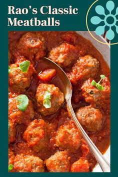 the cover of raq's classic meatballs is shown with a spoon in it