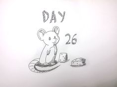 a drawing of a mouse sitting on top of a table next to a piece of cake