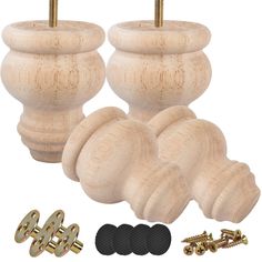 two wooden knobs and screws are shown in this image with the hardware needed